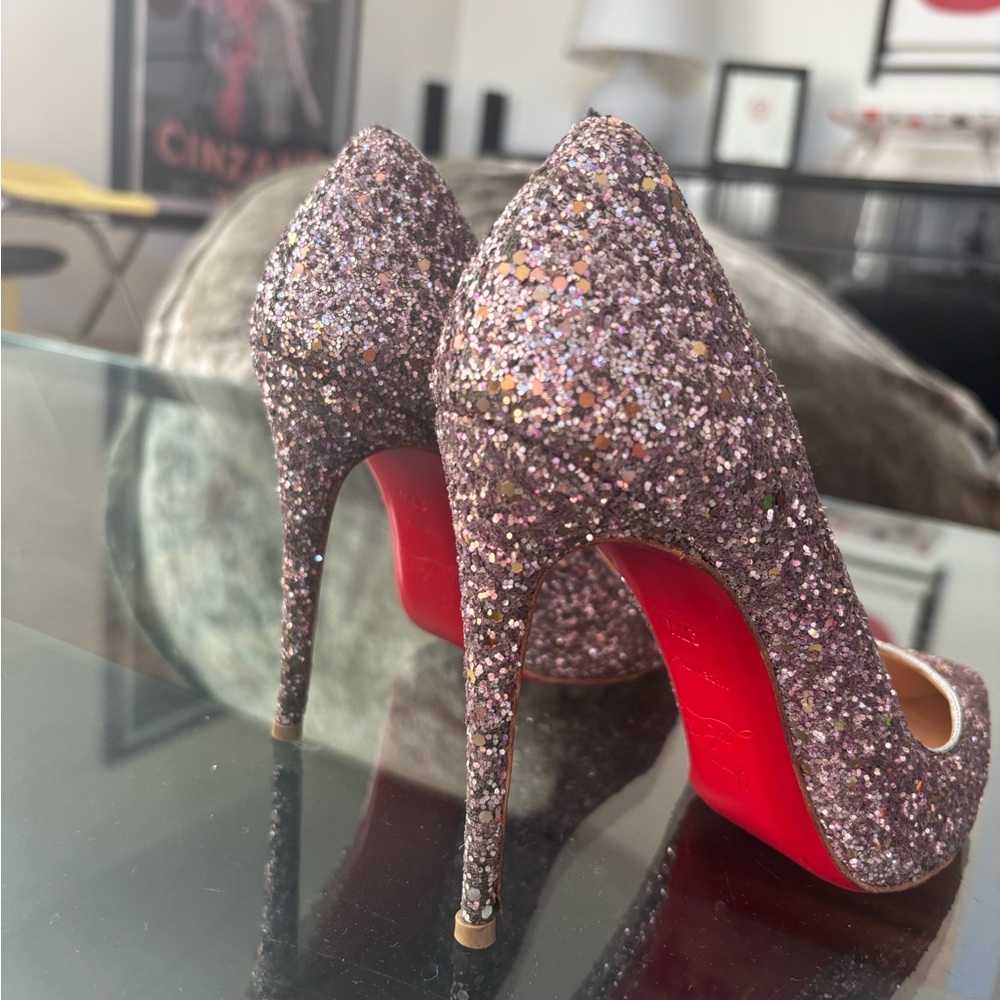Christian Louboutin Rose Gold Sparkling Heels with Red Soles